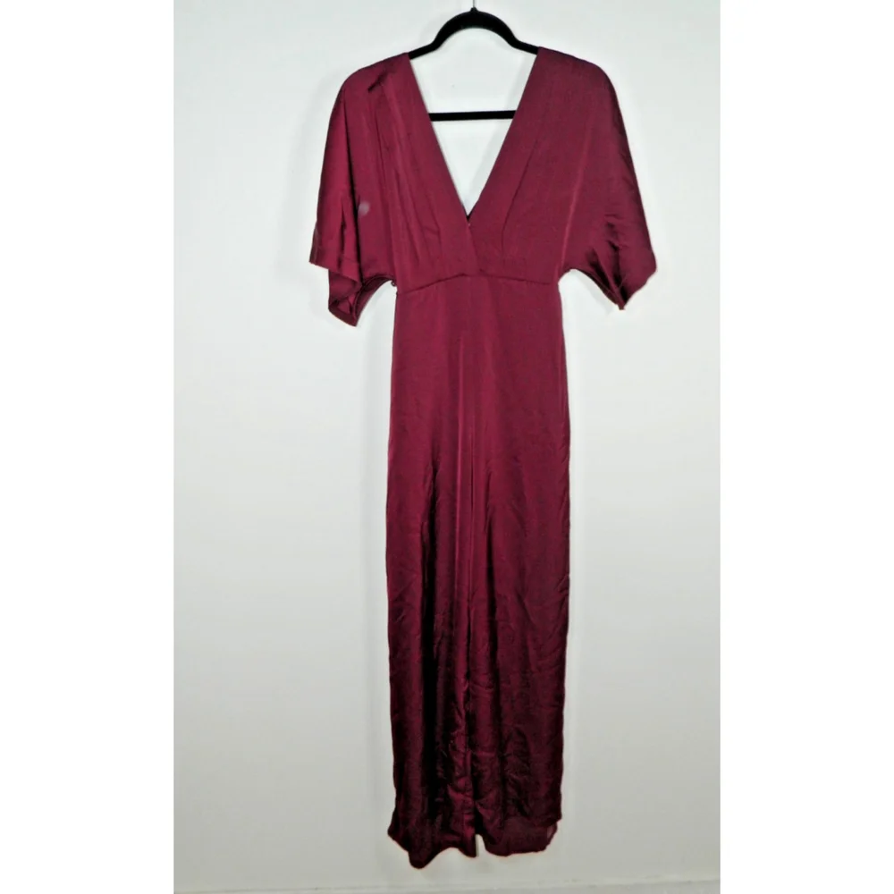 NICHOLAS Jumpsuit Size‎ 2 Burgundy Satin Wrap V-Neck Tie Front Open Back